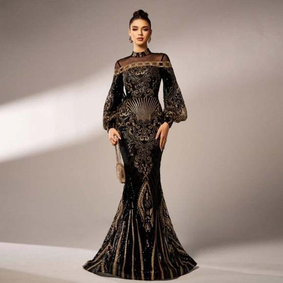 Black Embellished Backless Gown with Bishop Sleeves - Picture 7 of 13